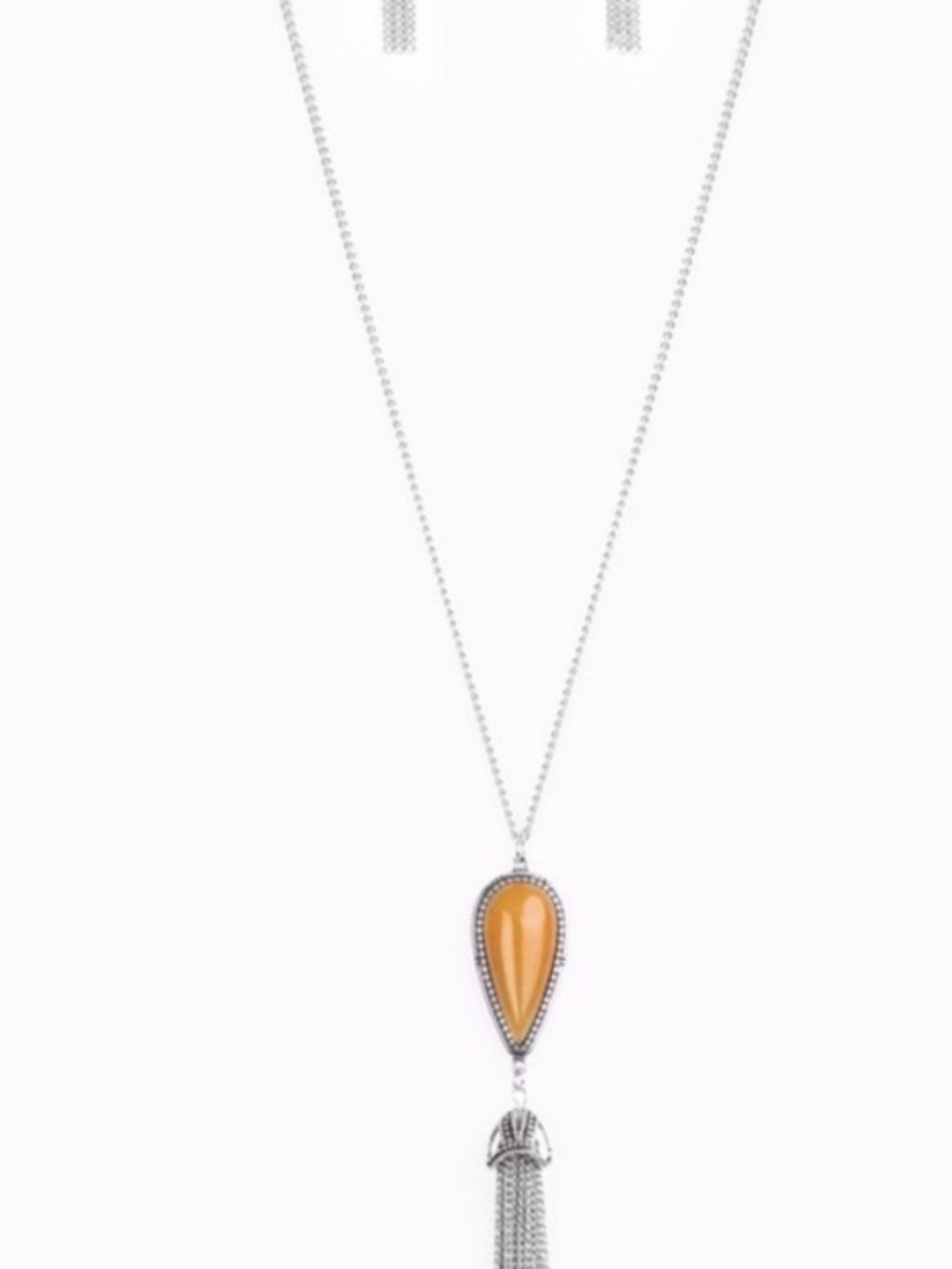 N-46 Silver Tassel Pendant Necklace with Amber Teardrop - Women Jewelry